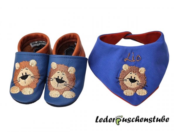 Set Lederpuschen & Wendehalstuch 1mal Namen Löwe Leo